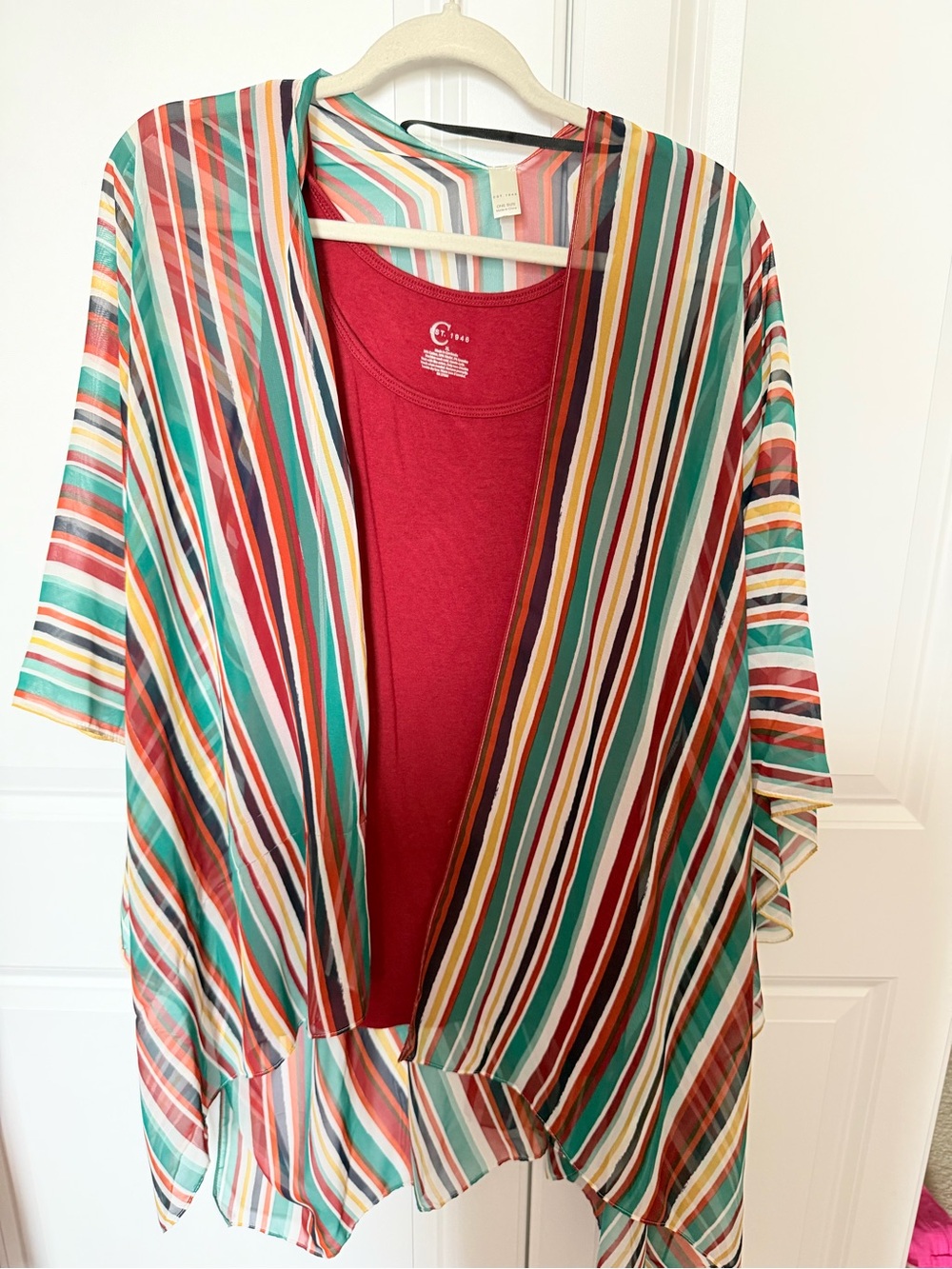 Cato Multicolor Striped Kimono with Red Tank